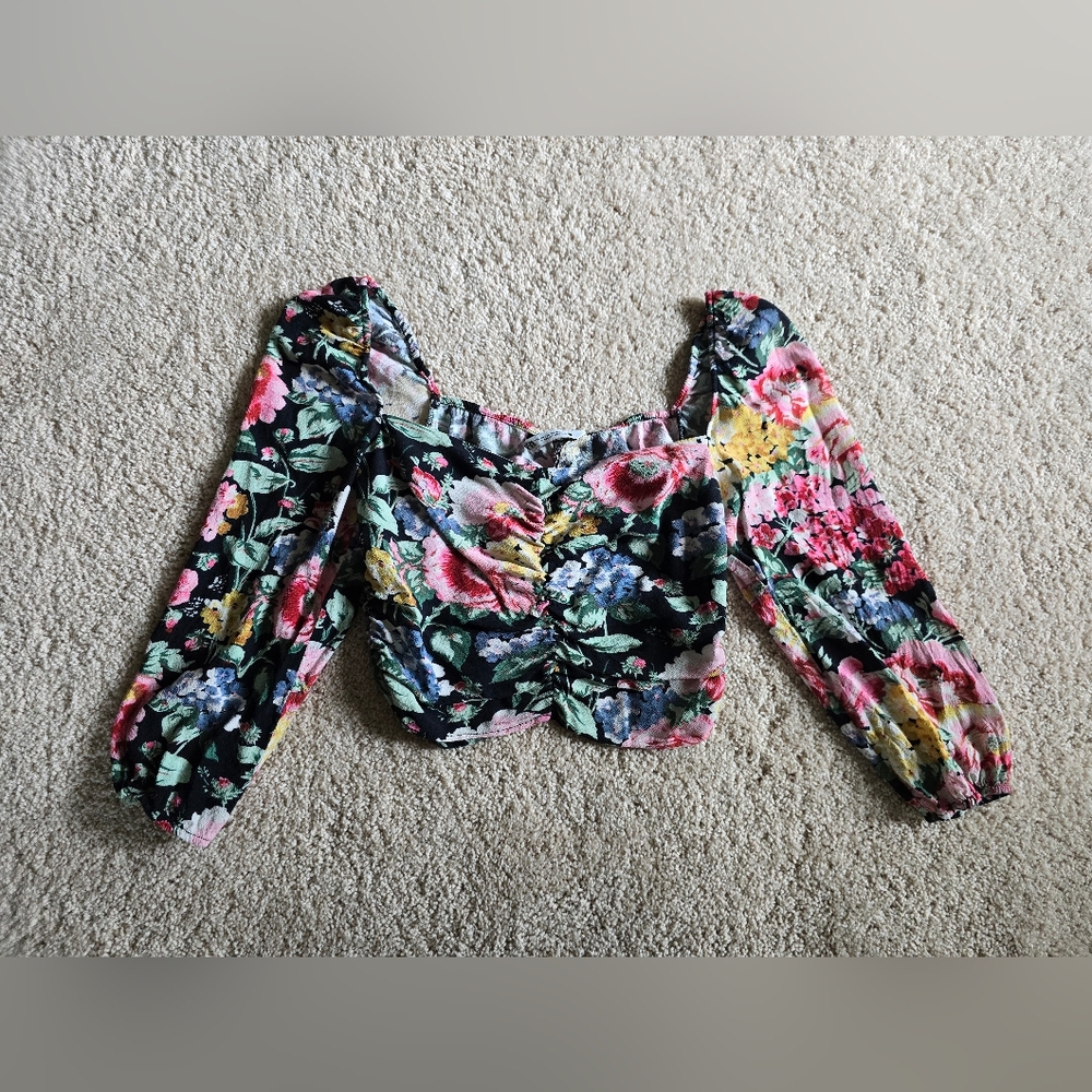 Zara women's floral cropped blouse Size XS side zip lightweight top - Picture 4 of 8